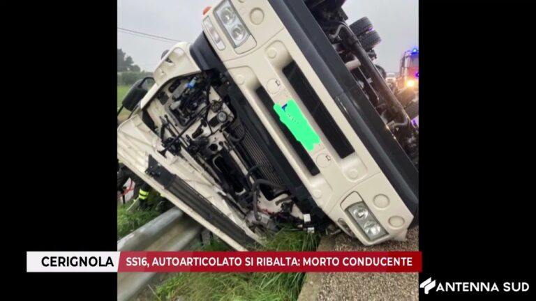 4 DICEMBRE 2025 – CERIGNOLA, SS16: AUTOARTICOLATO SI RIBALTA, MORTO CONDUCENTE
